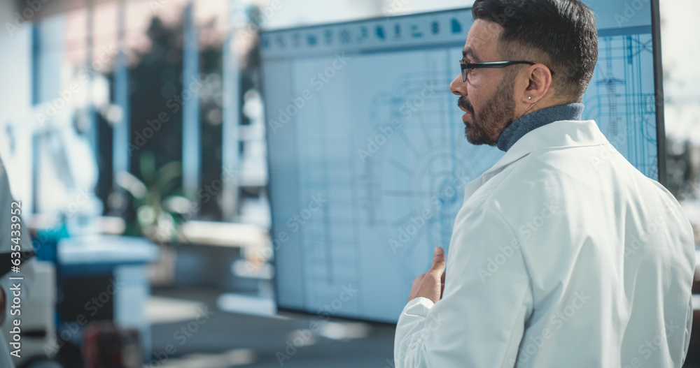 Poster Senior Robotics Engineer Giving Presentation in front Of Television Set With Ai Robot Blueprint. Automation Specialist Explaining Technological Specs To Assembly Line Workers In Startup Company.