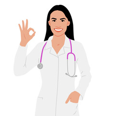 Fototapeta premium Hand drawn female healthcare worker. Happy smiling doctor in white coat with stethoscope. Medical worker show ok hand sign. Vector flat style illustration set isolated on white