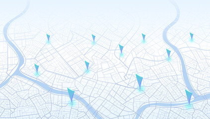 Multiple destinations, points Vector, iIsometric modern abstract map, perspective GPS navigator screen with street road, location. City top view. Colorful pines, geometric element, Online navigation.