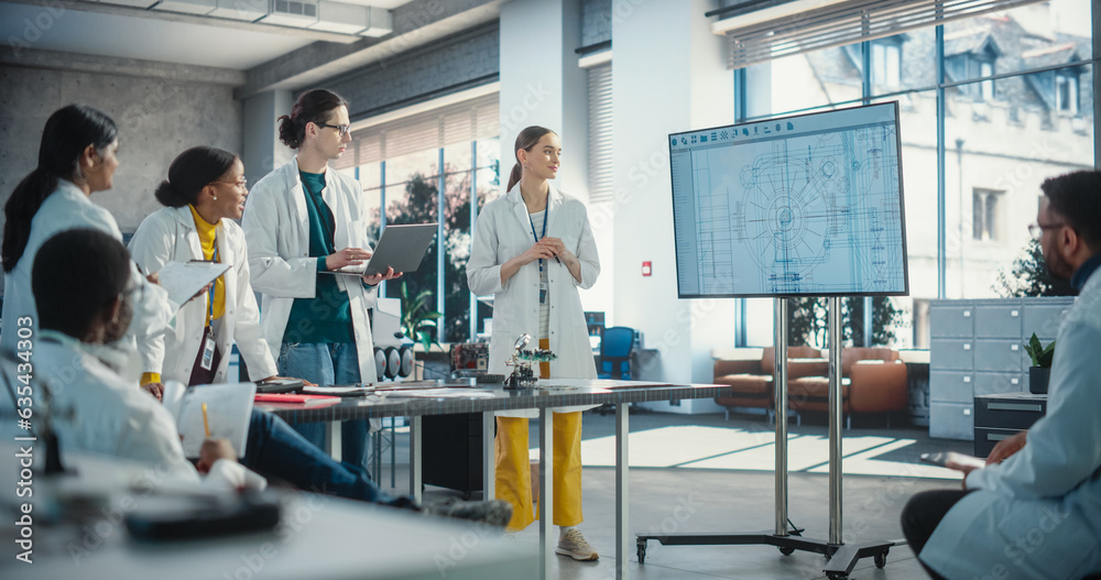 Poster Multiethnic Team of Males and Females Discussing Ideas in Technological Startup Lab. International Students Listening to Their Female Robotics Professor While She Explains AI Robot Blueprints.