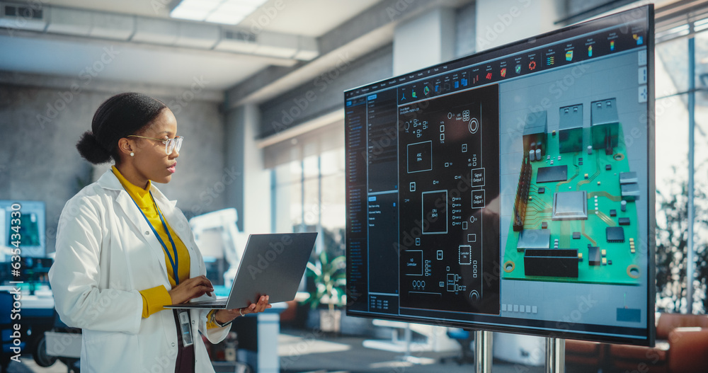 Aufkleber Portrait of Young Black Woman Working in a Lab of Industrial Startup. Female Specialist Using a Laptop Computer and Looking At 3D Circuit Board Prototype On Television Screen. Hight Tech Concept.