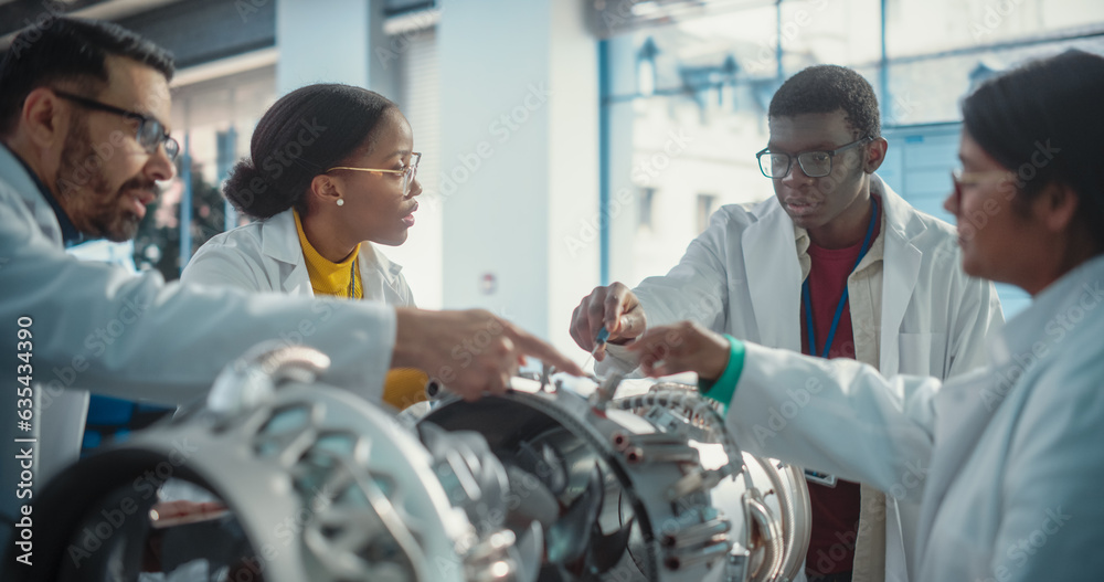 Poster team of industrial engineers working on a futuristic jet engine, discussing in scientific technology