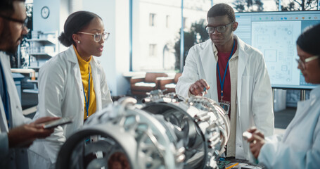 Young Black Engineer Instructing and Leading his Team, Analyzing and Researching How a Futuristic Turbofan Motor Works. Diverse Scientists Developing Innovative Technology in Industrial Facility