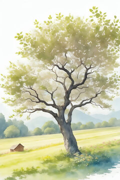 apple tree in spring - Watercolor Landscape wall art - Generative AI