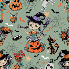 Seamless pattern on Halloween theme with little girls witches pumpkins and various horror elements. Vector