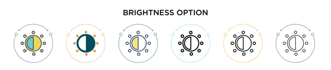 Brightness option icon in filled, thin line, outline and stroke style. Vector illustration of two colored and black brightness option vector icons designs can be used for mobile, ui, web