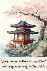 japanese temple in the morning - Spiritual Positive Quote - Watercolor Landscape wall art - Generative AI