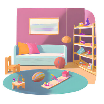 Interior design of kids room space with wood shelf, wooden toys, blue sofa and blue carpet. Pink bright palette for kids room