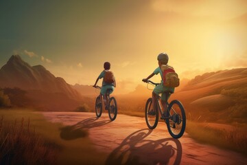 Obraz premium Children bicycle travel sunset. Generate Ai