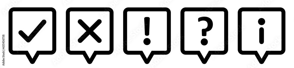 Poster outline thinking square icon set- check mark, cross, x mark, exclamation point, question mark and in