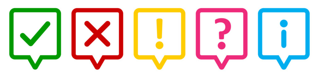 Set of outline thinking square icons- check mark, cross, X mark, exclamation point, question mark and information mark vector. Tick, cross, exclamatory, question and info mark set in thinking square.