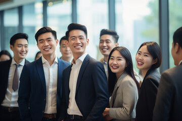 An accomplished Asian business team stands in a modern office, exuding confidence and camaraderie as they smile at the camera, a portrait of success and satisfaction. Generative AI.