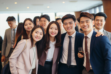 Obraz premium An accomplished Asian business team stands in a modern office, exuding confidence and camaraderie as they smile at the camera, a portrait of success and satisfaction. Generative AI.