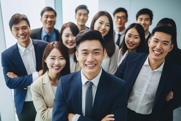 An accomplished Asian business team stands in a modern office, exuding confidence and camaraderie as they smile at the camera, a portrait of success and satisfaction. Generative AI.