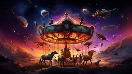 Galaxy Carousel. A merry-go-round in space, with creatures from different planets as the rides. Generative AI - obrazy, fototapety, plakaty