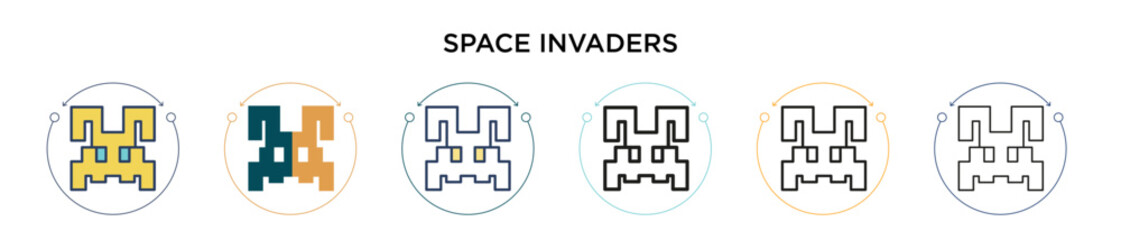 Space invaders icon in filled, thin line, outline and stroke style. Vector illustration of two colored and black space invaders vector icons designs can be used for mobile, ui, web