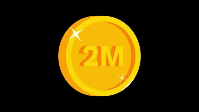 Gold circle two million followers badge alpha channel animation video. 3D 2m subscribers or views animated medal for social and digital media projects. Sparkle motion design effect. 