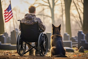 American war veteran in a wheelchair with with German Shepherd in a cemetery at Day of Remembrance - obrazy, fototapety, plakaty