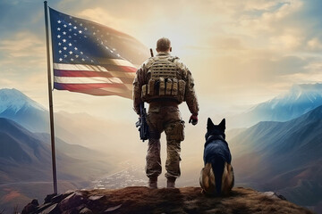 Back of american military man with service german shepherd on the background of the US flag, veterans day - obrazy, fototapety, plakaty