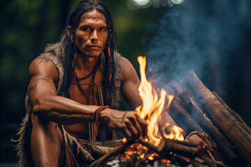 One young serious indigenous man from the Amazon sitting by the fire