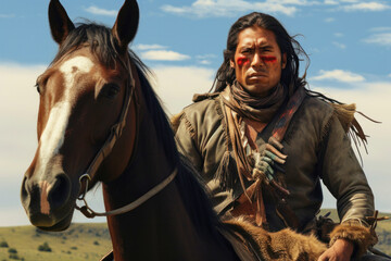 Portrait of handsome serious indigenous man from the Amazon with ritual paintings on face on horseback