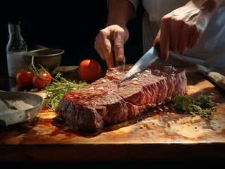 Man hand holding knife and fork cutting grilled beef steak on wooden plate. AI GENERATIVE