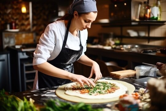 In Restaurant Professional Female Chef Preparing Pizza