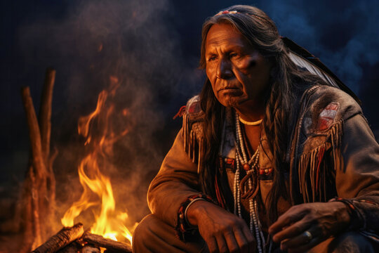 Elder serious wrinkled indigenous man from the Amazon with ritual paintings on face sitting by the fire