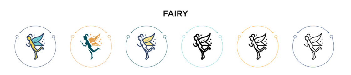 Fairy icon in filled, thin line, outline and stroke style. Vector illustration of two colored and black fairy vector icons designs can be used for mobile, ui, web