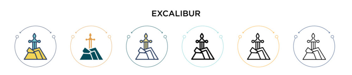 Fototapeta premium Excalibur icon in filled, thin line, outline and stroke style. Vector illustration of two colored and black excalibur vector icons designs can be used for mobile, ui, web