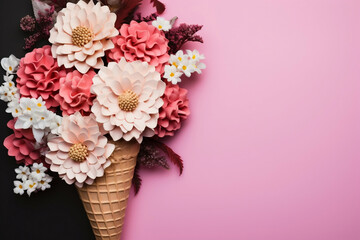 a pink flower in a vase on a pink floor, in the style of cherry blossoms, minimalist backgrounds, elaborate borders, use of paper, spectacular backdrops, twisted branches, floral accents