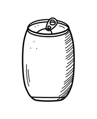 Tin can bottle beer icon. Vector illustration of a logo for a bar or pub. Single doodle sketch isolate on white.