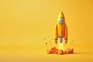 Rocket taking off with fire with copy space on a yellow background, startup concept