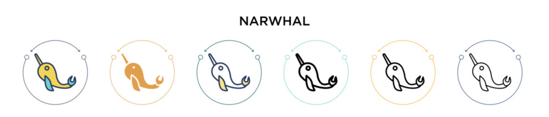 Narwhal icon in filled, thin line, outline and stroke style. Vector illustration of two colored and black narwhal vector icons designs can be used for mobile, ui, web © Digital Bazaar