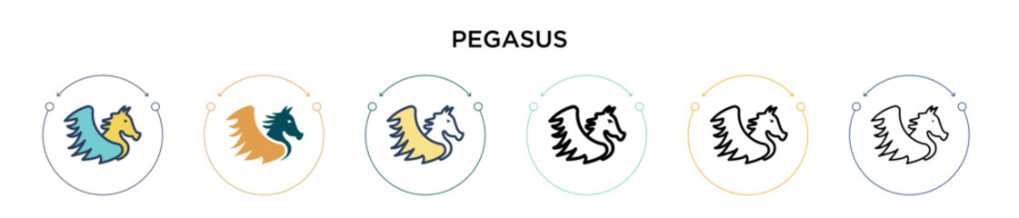 Pegasus icon in filled, thin line, outline and stroke style. Vector illustration of two colored and black pegasus vector icons designs can be used for mobile, ui, web