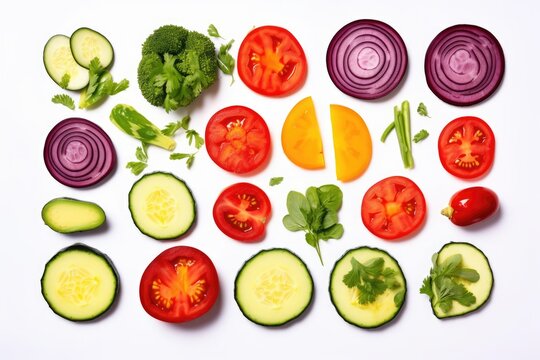 Isolated vegetable halves. Raw cut vegetables top view - Powered by Adobe