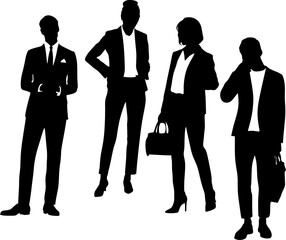 Vector silhouettes of men and women, a group of standing business people, black and white color, isolated on a white background