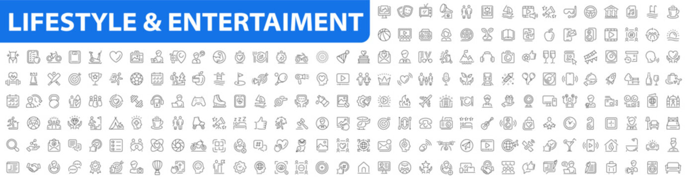 Lifestyle and entertainment Big icon set. Thin line icons, Vector illustration