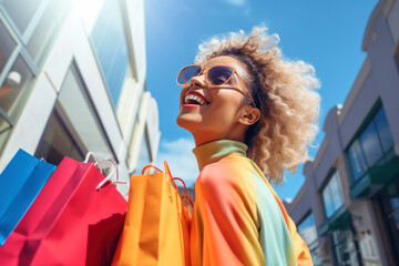 Portrait of satisfied laughing excited fashionable stylish woman wearing sunglasses with paper colorful shopping bags outdoors