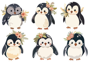 Naklejka premium Adorable festive penguins. Joyful penguin character, smiling aquatic non-flying bird. Vector collection featuring baby penguin, charming polar creatures. Vector.