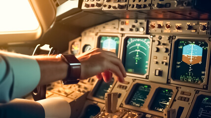 Close-up of male hands pilot checking instrument panel in airplane cockpit. 

