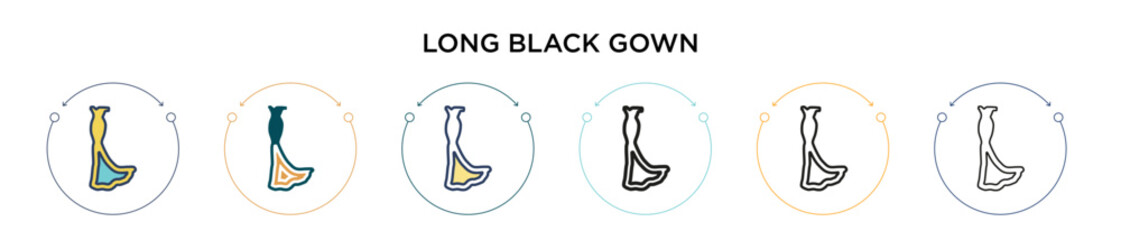 Long black gown icon in filled, thin line, outline and stroke style. Vector illustration of two colored and black long black gown vector icons designs can be used for mobile, ui, web