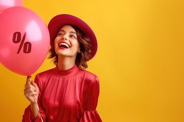 Hurry up. Stylish satisfied laughing brunette woman holding a pink helium balloon, announces about final sales and discounts day with copy space on yellow background