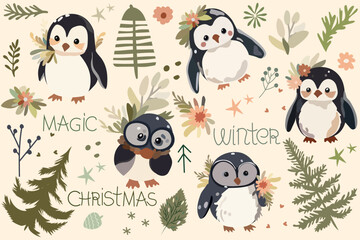 Adorable festive penguins. Joyful penguin character, smiling aquatic non flying bird. Banner with Arctic Baby penguin, charming polar creatures, Christmas tree, snowflakes and other. Vector.