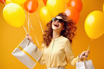 Excited laughing woman with colored helium balloons and paper shopping bags on a yellow background