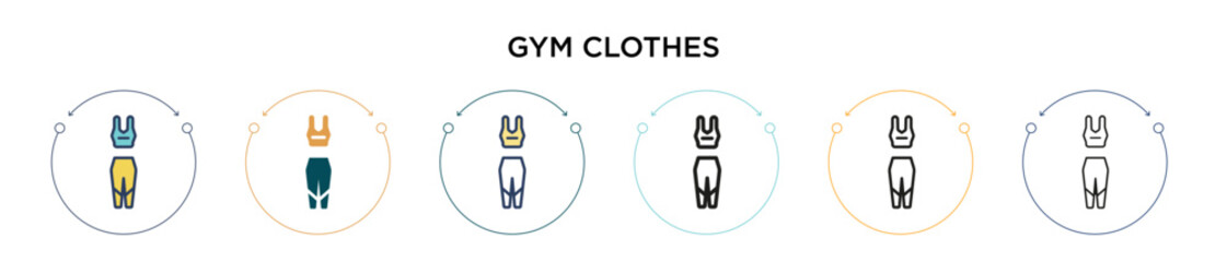 Obraz premium Gym clothes icon in filled, thin line, outline and stroke style. Vector illustration of two colored and black gym clothes vector icons designs can be used for mobile, ui, web