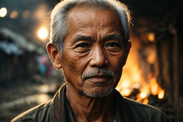 A close-up of a Vietnamese old man's face, illuminated by the light of a fire. Image created using artificial intelligence.