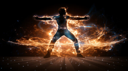 Fototapeta na wymiar Man dancer with lights glowing effect of power