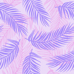 Fototapeta premium Repeat jungle palm leaves vector pattern. Botanical elements over waves texture