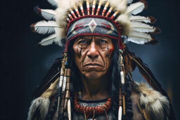 Obraz premium Portrait of mature serious wrinkled indigenous man from the Amazon with ritual paintings on face and wearing headdresses feathers looking at the camera